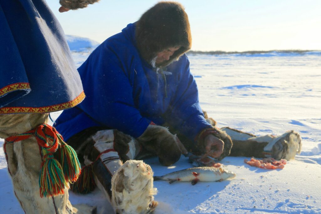 Man in blue jacket cleaning a fish outside in the North