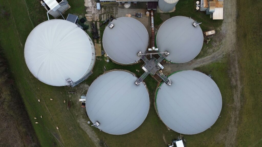 Aerial view of methane digester plant